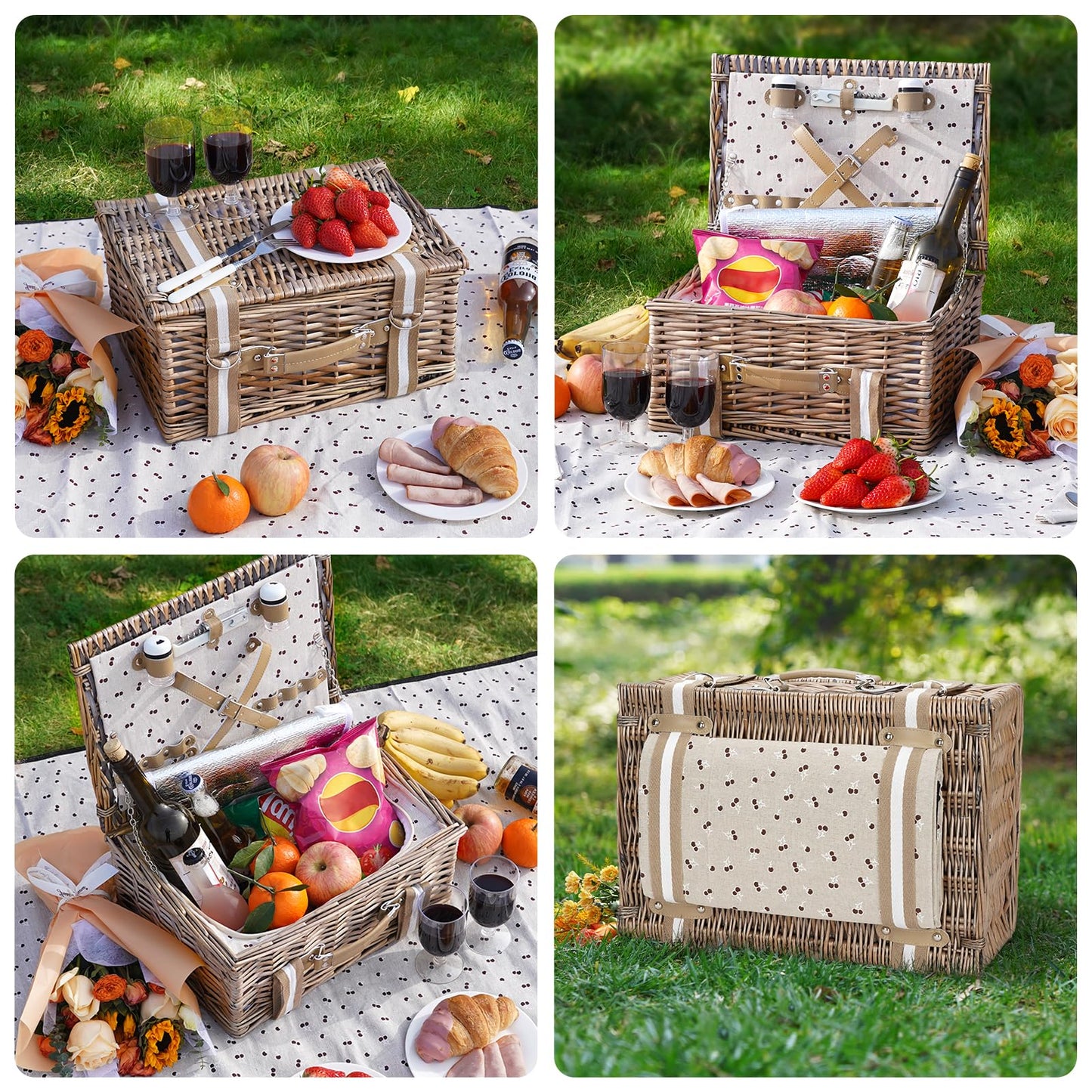 Willow Picnic Basket Set for 2 Persons with Large Insulated Cooler Bag and Waterproof Picnic Blanket, Wicker Picnic Hamper for Camping,Outdoor,Birthday