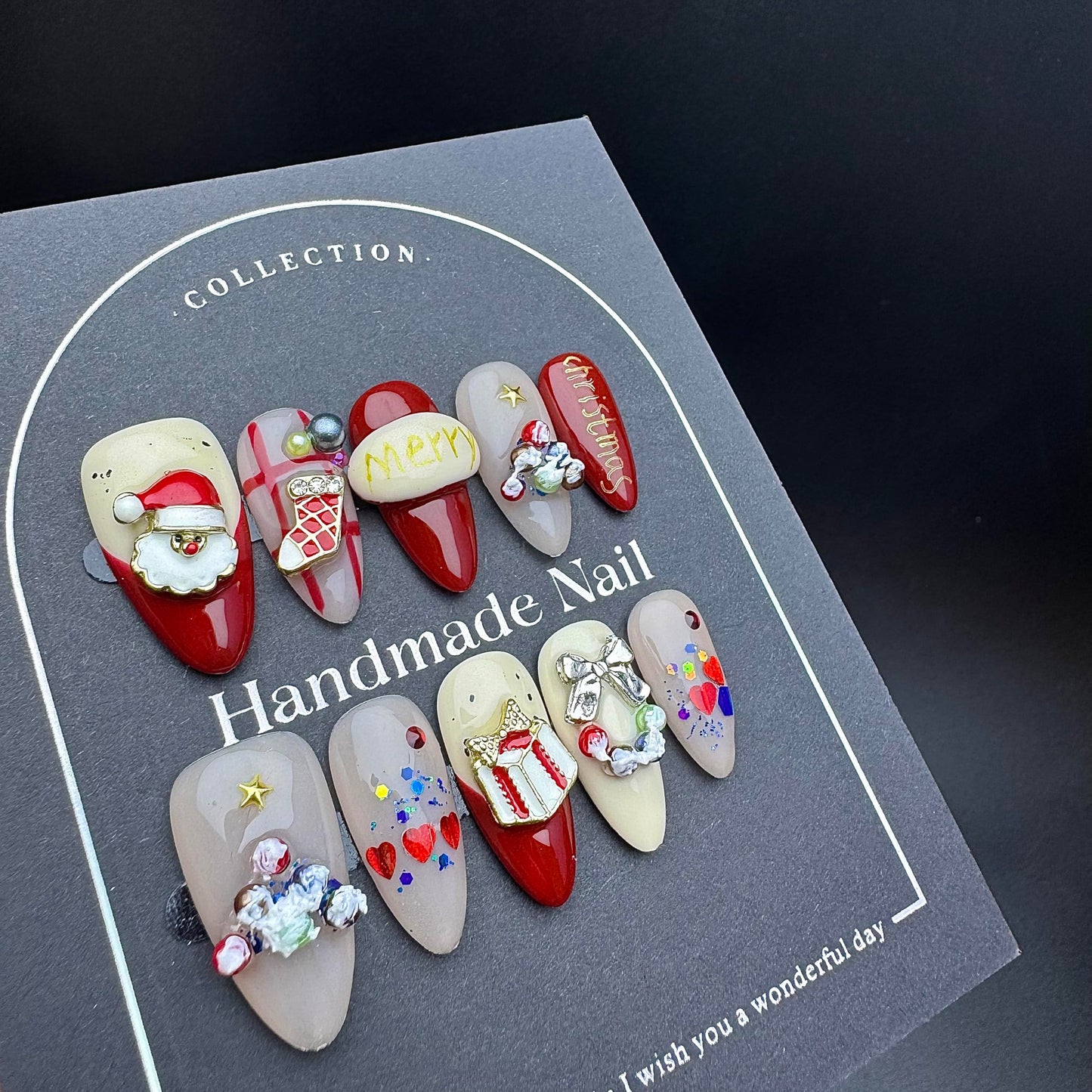 Christmas Handmade Press On Nails – 10pcs Medium Almond Fake Nails, 100% Handmade 3D Santa Claus Designs, Thick Gel Acrylic Full Cover False Nails for Women S SIZE