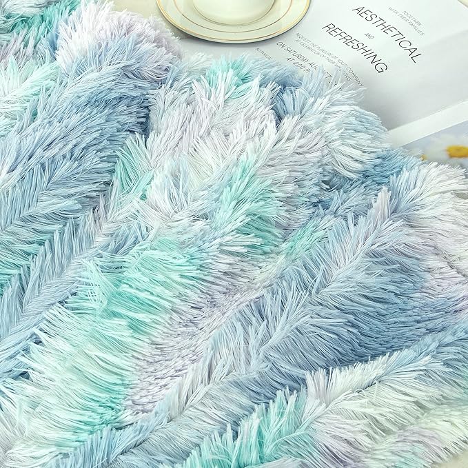 Tuddrom Decorative Extra Soft Faux Fur Throw Blanket,Solid Reversible Fuzzy Lightweight Long Hair Shaggy Blanket,Fluffy Cozy Plush Fleece Comfy Microfiber Fur Blanket for Couch Sofa Bed,Tie Dye Blue