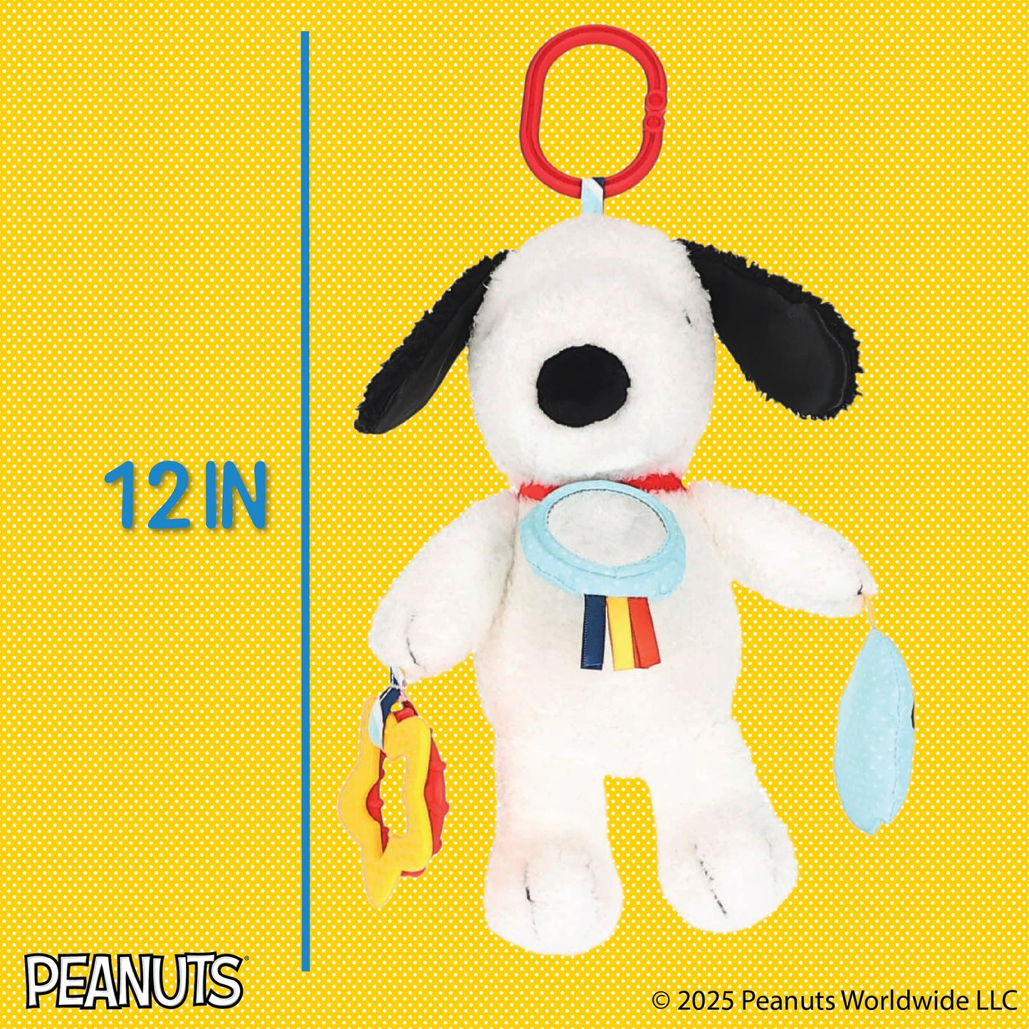 Kids Preferred Peanuts Snoopy Activity Toy - Jingle, Mirror, Teethers, Crinkle, Ribbons, Crinkle, Satin Accents, Soft Plush, On-The-Go Clip, 12 in