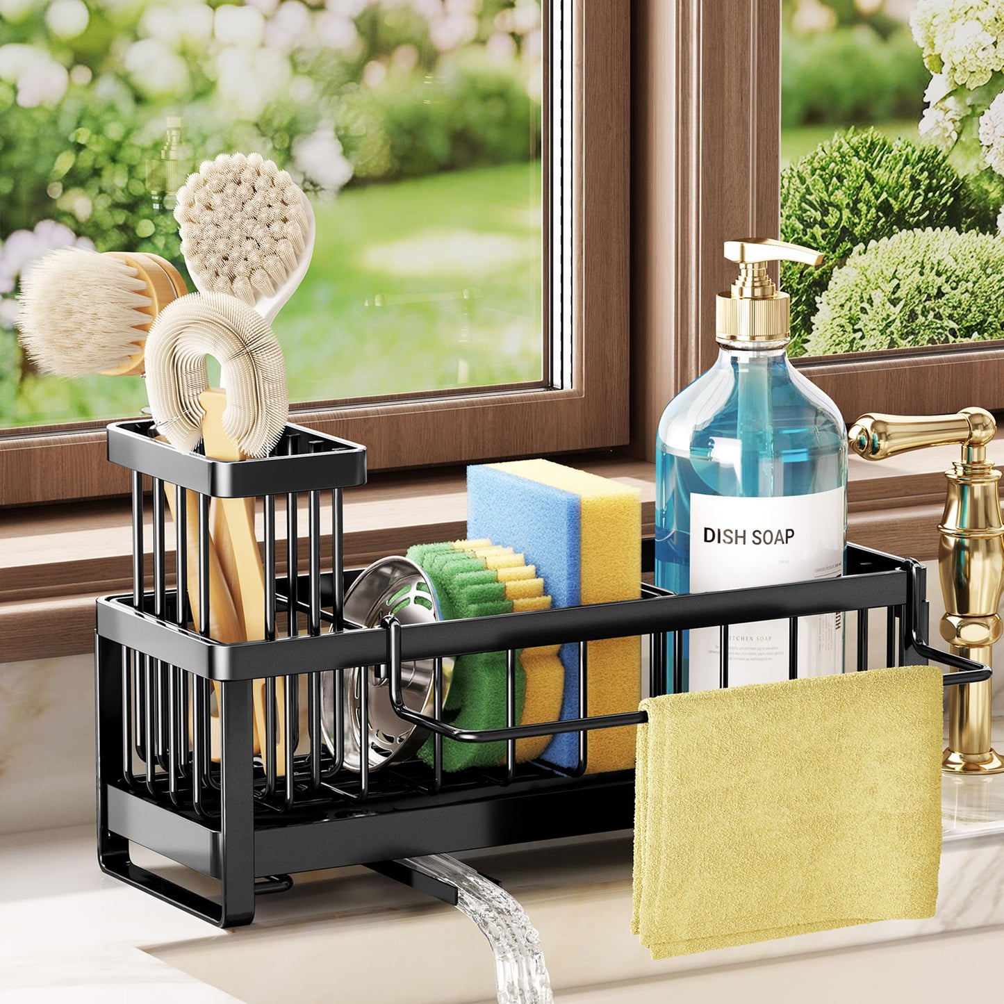 SWTYMIKI Sponge Holder for Kitchen Sink - Sink Caddy with Brush Holder Self-draining Sponge Caddy Organizer with Divider Stainless Steel Kitchen Accessories Storage for Countertop, Black