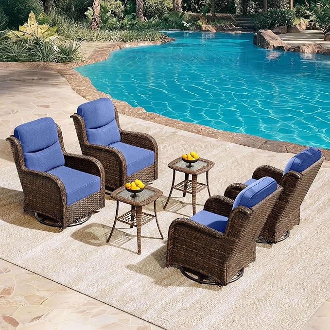 HILLGA Luxury Patio Furniture Set with 6-Inch Thick Cushions, High Back Outdoor Swivel Rocker Chairs and Table, 6-Piece All Weather Conversation Set for Porch Deck Balcony Yard, Blue (V3)