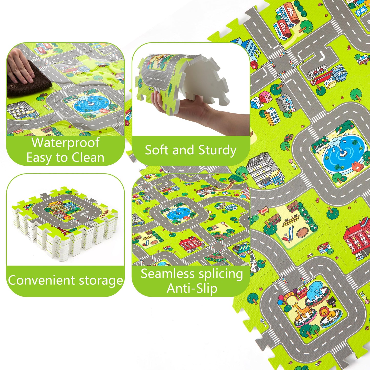 PLAY 10 Baby Play Mats for Floor, Foam Play Mat, Interlocking Foam Tiles City Road Track Puzzle Mat 9 Pieces