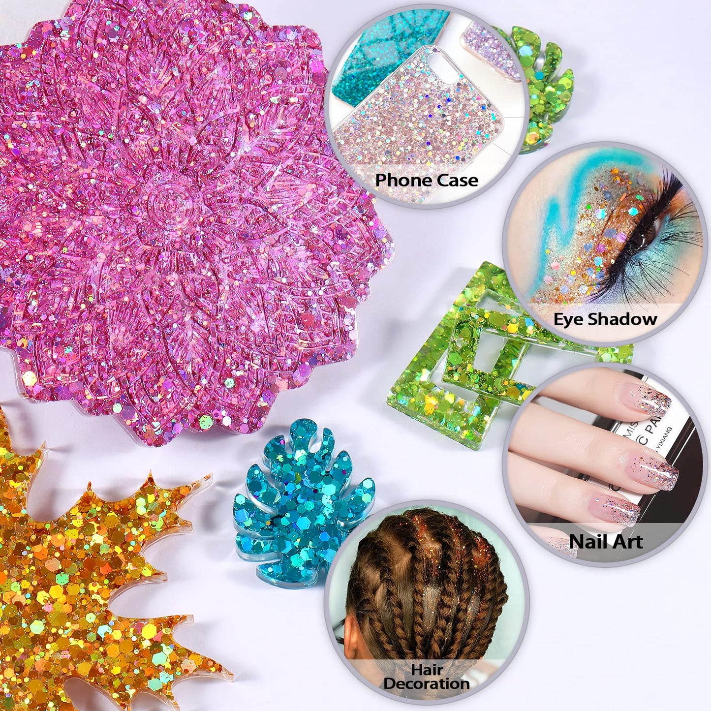 Renfio Holographic Chunky Glitter, 16 Colors Resin Glitter Set Each 10g/0.35oz PET Chunky Flakes Sequins Mix Fine Powder for Crafts, Resin Accessories, Snow Globe Tumbler Supplies, Nails
