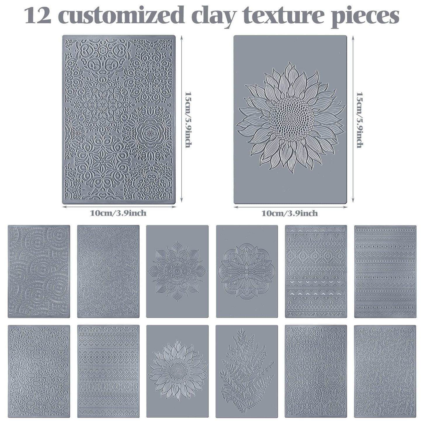 DoubleFill 12 Pcs Polymer Clay Texture Sheets Mat Works with Polymer Clay Cutter Embossin Roller DIY Tools for Pottery Earrings Jewelry Making DIY Craft Supply