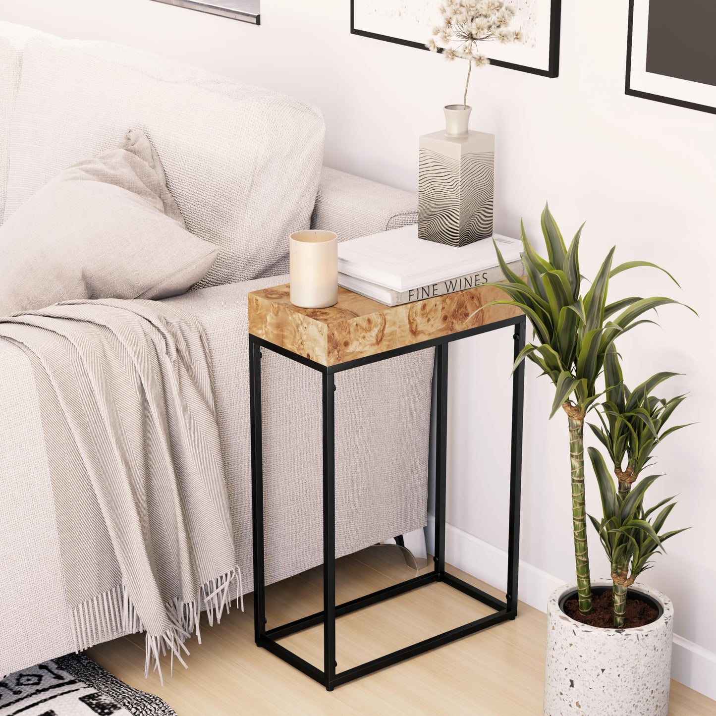 COZAYH Burl Finish Wood Top Tall End Table, Metal Frame Pedestal Display Stand Side Table for Plants, Lamps, or Home Décor, Living Room, Entryway, Office, Rectangular