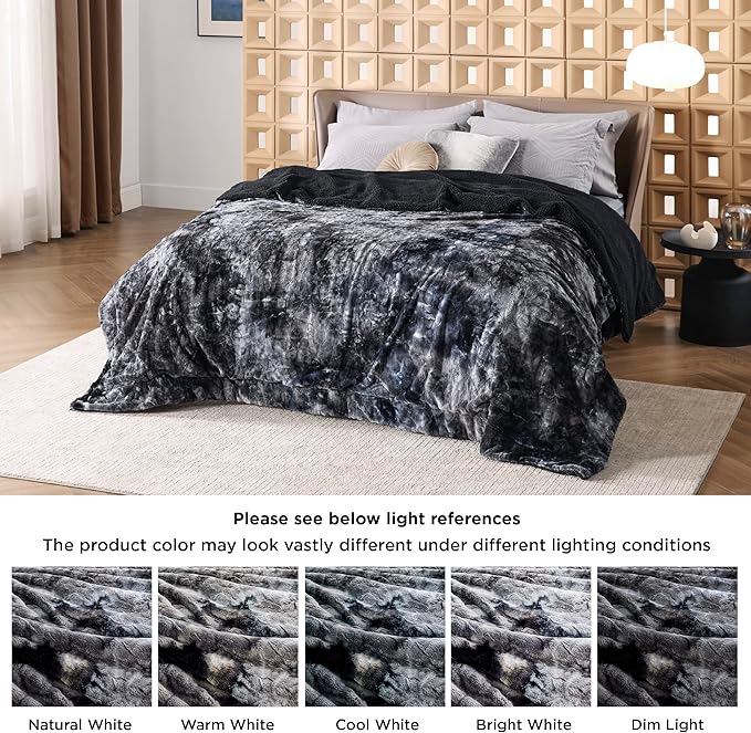Bedsure Sherpa Blanket King Size - Soft, Fuzzy & Fluffy Faux Fur - Warm, Cozy Blanket for Couch, Sofa and Bed, Tie Dye Design, Black, 108x90 Inches