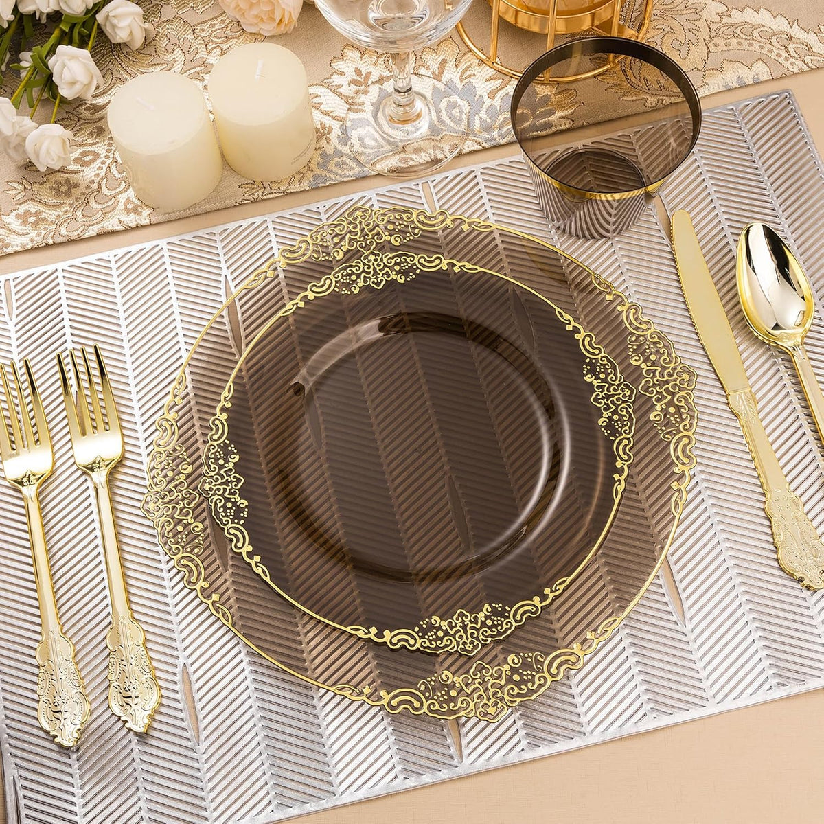 350PCS Clear Black Plastic Plates for 50 Guests, Disposable Plates with Gold Trim include 50 Dinner and Dessert Plates, 150 Gold Silverware, 50 Cups, 50 Napkins for Party & Graduation