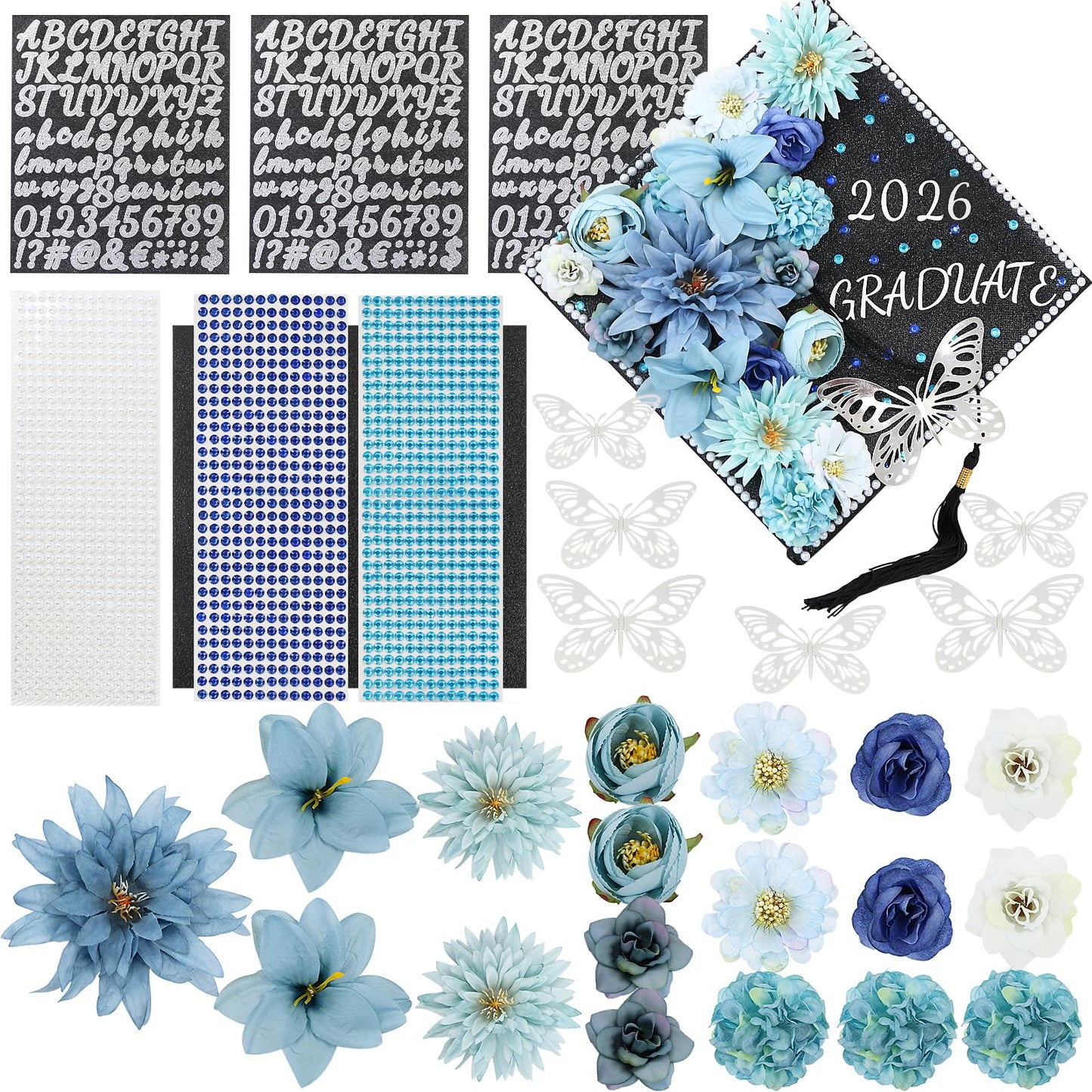 TKNOUS DIY Graduation Cap Decorations Accessory Kit, 3D Butterfly Faux Flower Heads for Grad Hats Decor Rhinestones Stickers Alphabet Letter Stickers Glitter Paper for Cake Wreath Art DIY (Blue)