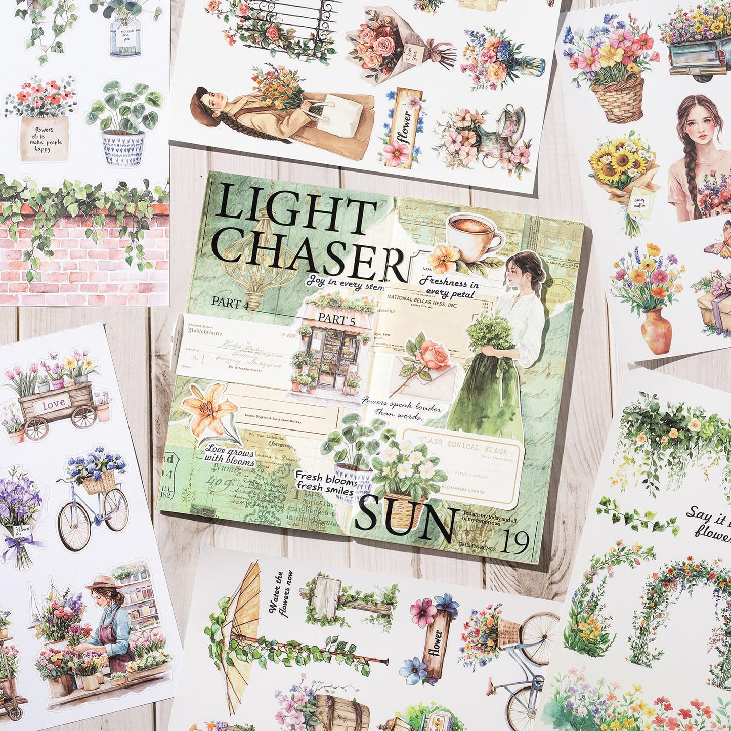 YagCu Flower Journaling Stickers, Floral Scrapbook Sticker, Florist Junk Journal Supplies, Pre-Cut Aesthetic Scrapbooking for Women, Spring Green Decorative Bullet Planner Arts