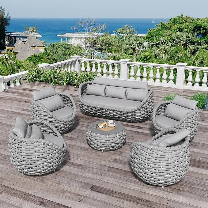 Aluminum Rope Patio Furniture Set: 6 Pieces Assembled Outdoor Conversation Sofa Set for 7 - Modern Metal Couch Set Cushioned - All Weather Porch Seating for Deck Garden Pool Lanai Hotel, Gray