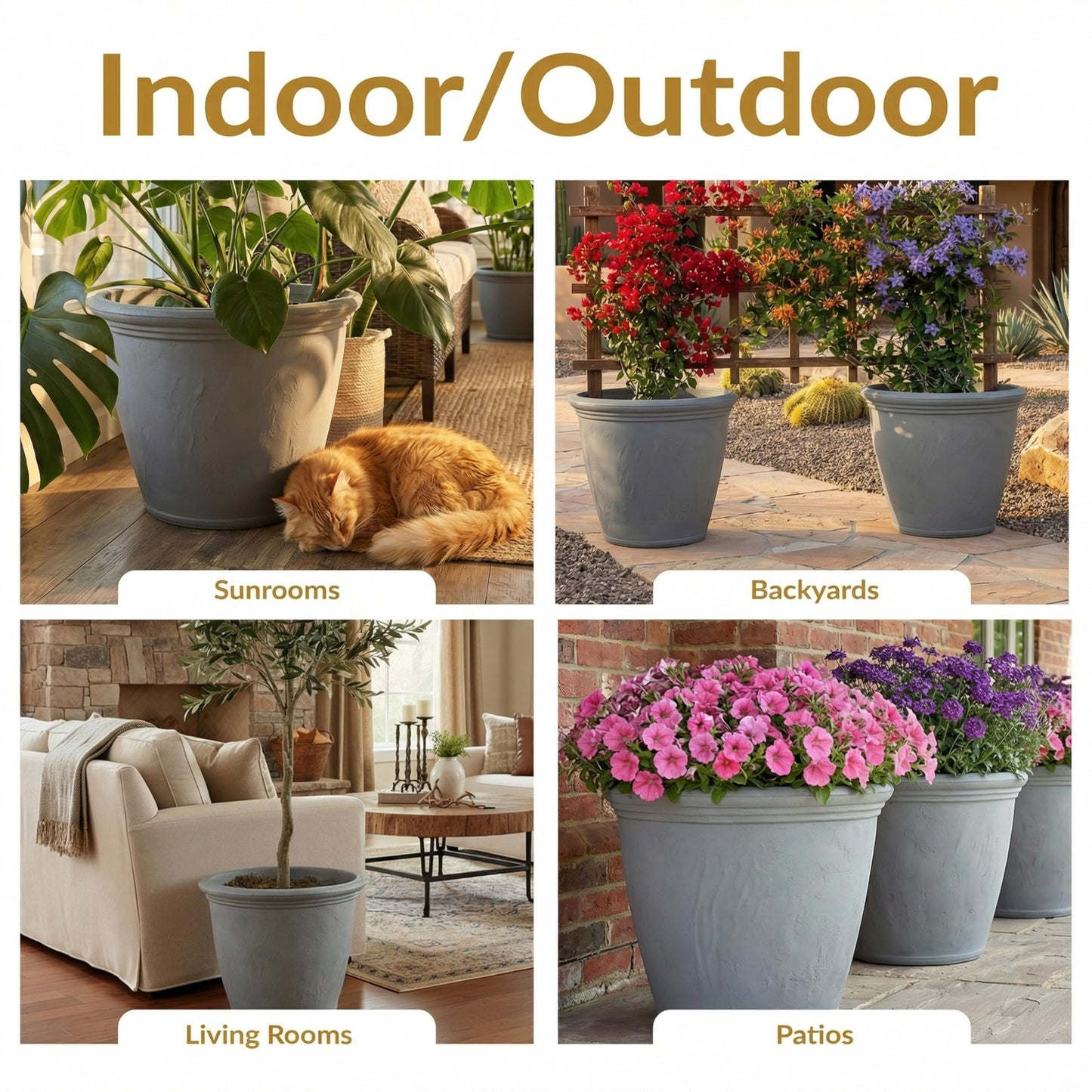 Sunnydaze 24-Inch Anjelica Large Plastic Pot for Plants - Outdoor Double-Walled Large Plastic Planter with Drillable Drainage Holes - Light Gray - 2pk