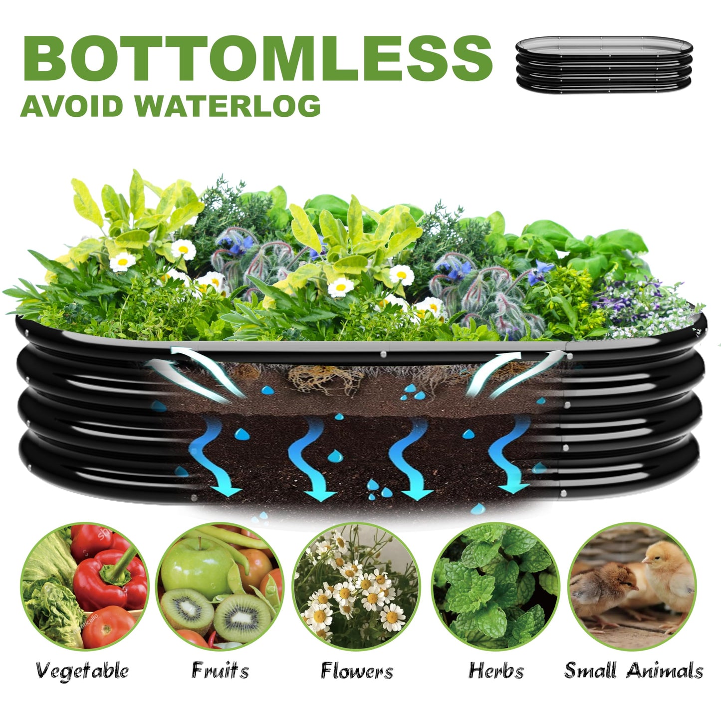 ATRANURE 2Pcs 4X2X1ft Oval Raised Garden Bed Kit,Galvanized Raised Garden Beds Outdoor, Metal Planter Box Steel Kit Flower Herb,Vegetables..Black