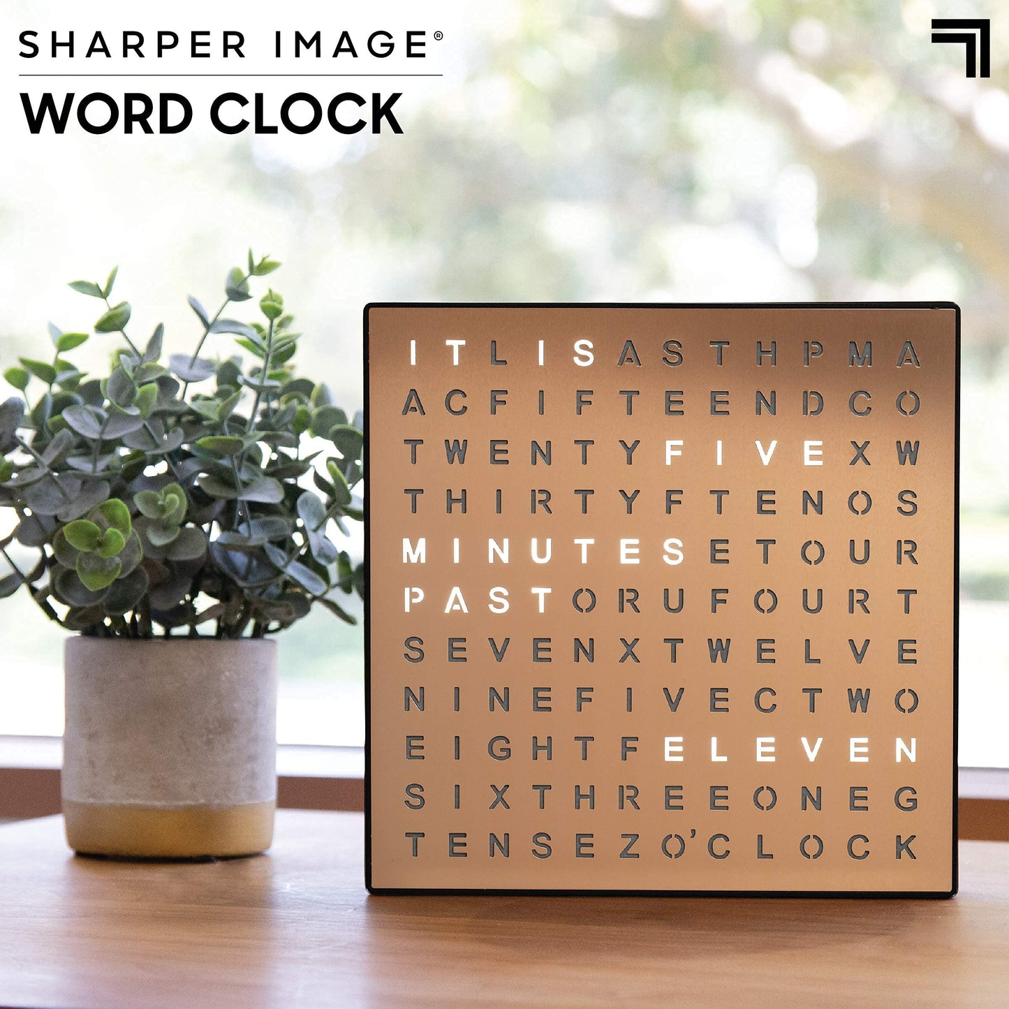 Sharper Image LED Word Digital Clock, 7.75", Copper Finish, Light-Up Desk & Wall Clock, Modern Time Display, Shelf or Wall Decor for Home Office, Living Room, Kitchen & Bedroom, Housewarming Gift