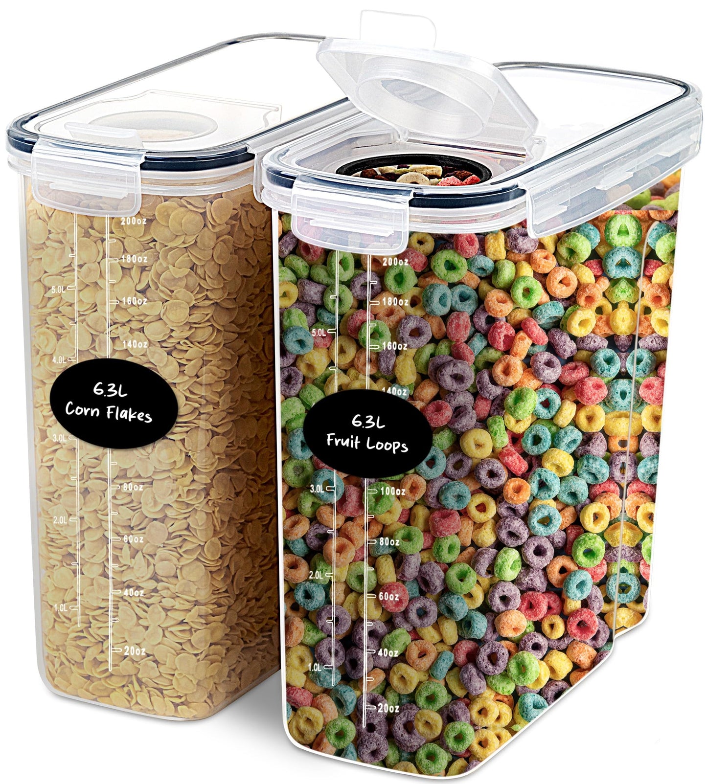 DWËLLZA KITCHEN EXTRA LARGE Cereal Containers Storage (6.3L / 213OZ) Set of 2 Family Size Bulk Cereal Dispenser Countertop, Airtight Food Storage Containers for Pantry Organization, Labels & Marker