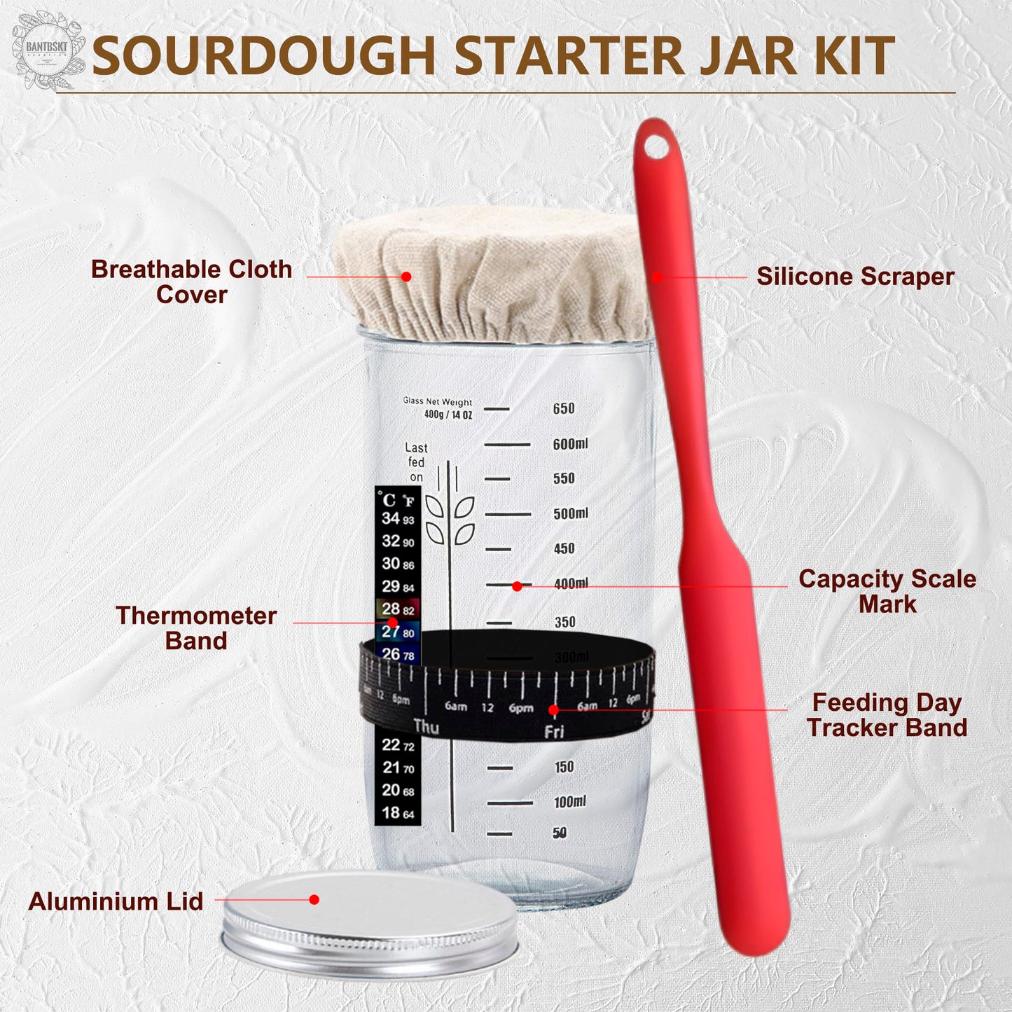 Complete Sourdough Starter Kit, Sourdough Bread Baking Supplies, Banneton Bread Proofing Basket with Sourdough Starter Jar, 9inch Round Bread Proofing Basket, for Bread Baking