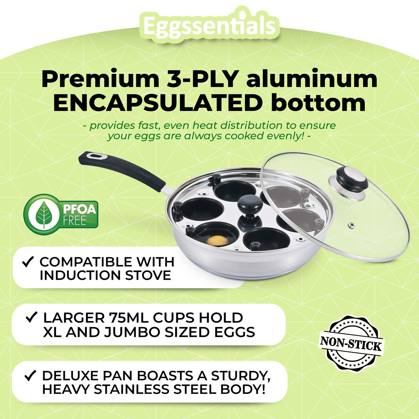 Eggssentials Egg Poacher Pan Nonstick Poached Egg Maker, Stainless Steel Egg Poaching Pan, Poached Eggs Cooker Food Grade Safe PFOA Free with Spatula, Egg Poachers Cookware