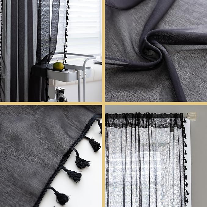 Black Sheer Curtains 72 inch Long, Fringed Edges and Textured Semi Sheer Curtains Large Window Treatments for Living Room/Bedroom, 3 Panels
