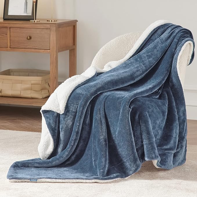 Bedsure GentleSoft Sherpa Fleece Throw Blanket Twin Size for Couch - Thick and Warm, Soft Fuzzy Plush Twin Blanket for Winter, Slate Blue, 60x80 Inches