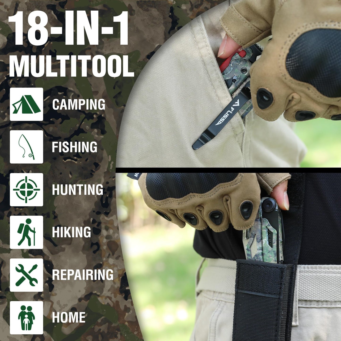 FLISSA Multitool, 18 in 1 Camo Multitool Pliers with Fire Starter, Window Breaker, Whistle, Stainless Steel EDC Gear with Sheath - Perfect for Survival, Simple Repair, Camping