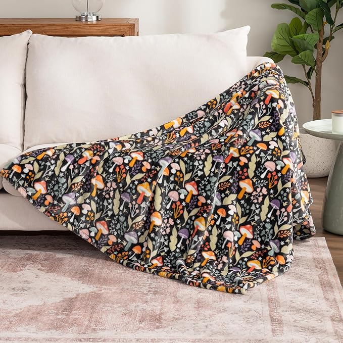 Berkshire Blanket-Classic Heavyweight Soft Printed VelvetLoft® Plush Throw Blanket, Cozy and Fuzzy, Mushroom Cutie Charcoal, 50in x 70in