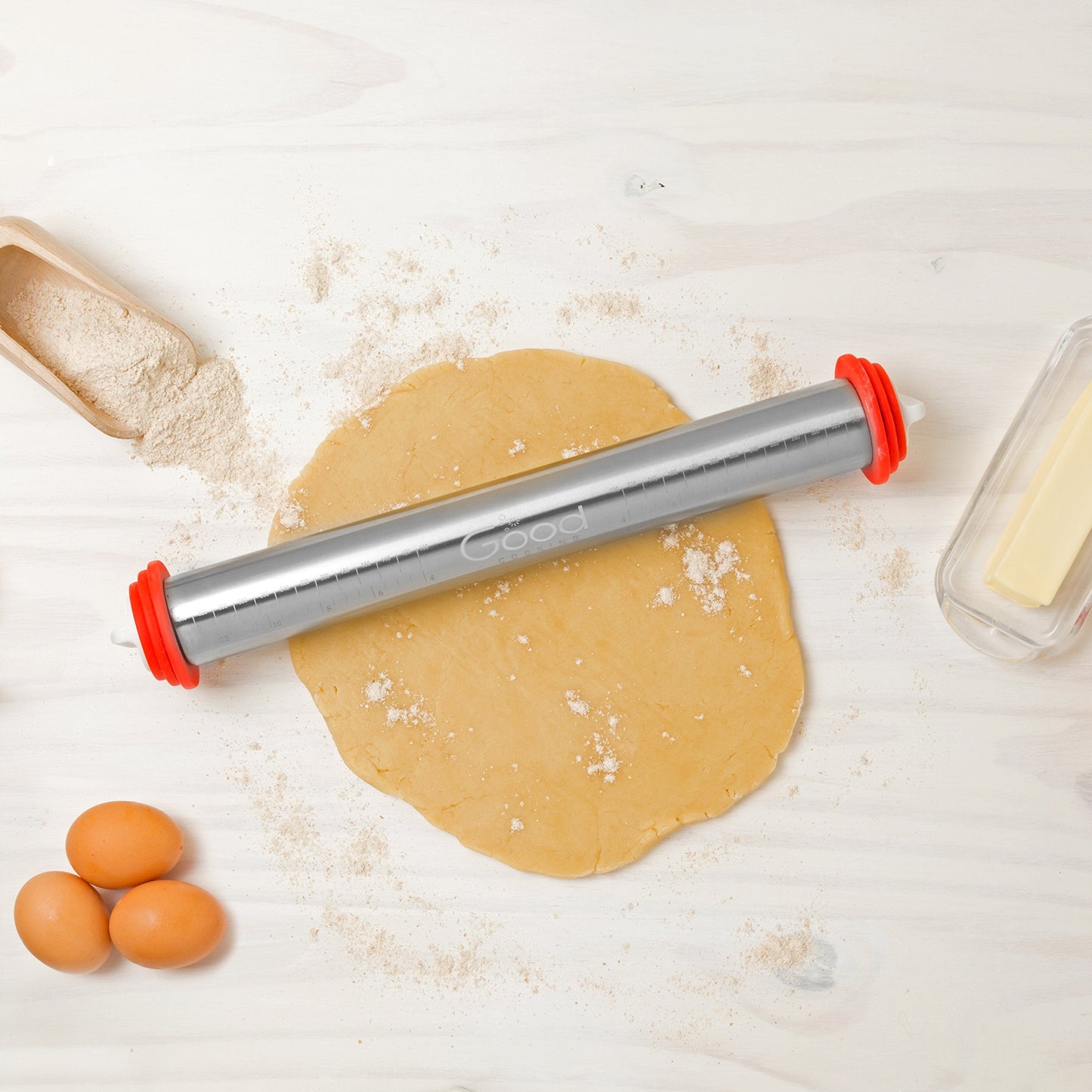 Adjustable XL Pastry Rolling Pin w/ 3 Spacer Rings- Adjust Dough Height for Consistent Thickeness- Heavy Duty NonStick Stainless Steel French Roller 17" Barrel- Bake Easter Cookies, Bread, & Pasta