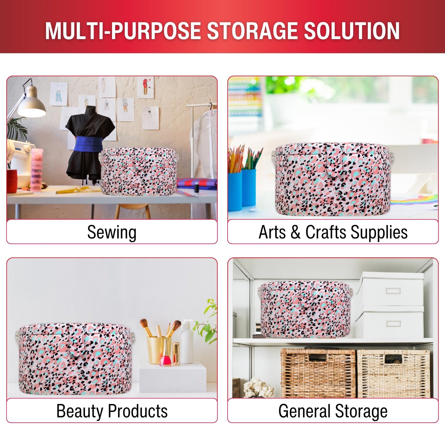 SINGER Large Round Sewing Basket with Emergency Travel Sewing Kit & Matching Zipper Pouch - Rose Pink Leopard Print