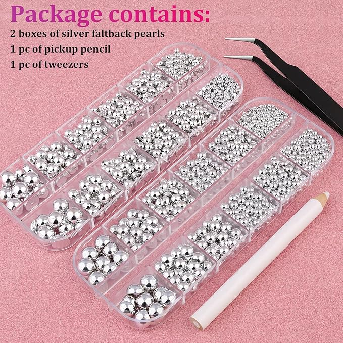 Belleboost Silver Nail Charms and Gems, 2 Boxes Half Round Flatback Pearl Nail Charms, Nail Pearls Rhinestones Silver Beads for Nails with Pencil and Tweezer for DIY Nail Art, Face Makeup and Crafting