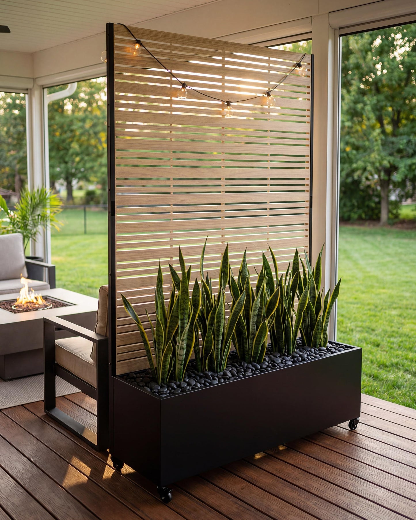 TinFrey 73" Metal Planter Box with Trellis on Wheels - Mobile Outdoor Planter with Drainage Holes & Louvered Privacy Screen, Rust-Proof Wood Grain for Patio, Balcony, Backyard, Poolside