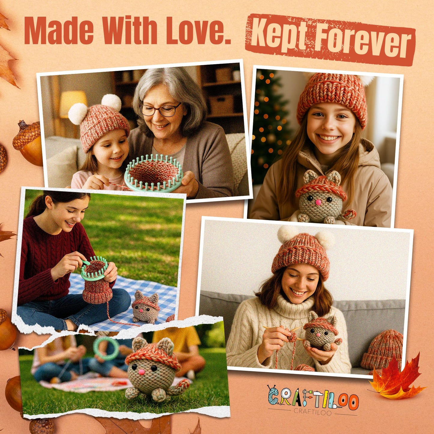 CRAFTILOO Knitting Kit for Kids – Beginner Knitting Kit to Make a Hat & Cat – Quick Knit Loom Kit with Yarn, Tools & Instructions