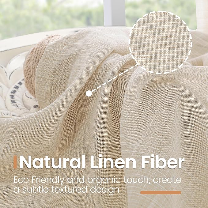 BGment Natural Linen Curtains 54 Inch Length for Short Windows, Burlap Drapes Semi Sheer Light Filtering with Rod Pocket Rustic Lightweight for Living Room, 2 Panels Set, 42 Inch Wide Each Panel