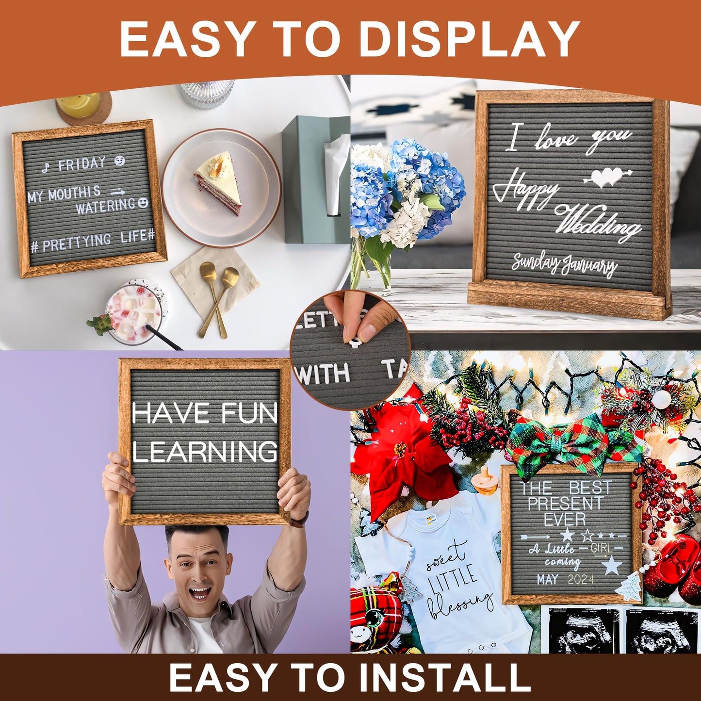 10" x 10" Double Sided Chalkboard Sign with Stand, Small Chalk Board Blackboard Wood Frame Felt Letter Board with 12 Chalk Markers and 340 Letters (Brown)