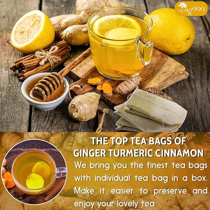 TOG999, 15 Turmeric, Ginger, Cinnamon Tea Bags, 100% Natural, Hand-made Blend of Turmeric, Ginger, and Cinnamon. Eco-conscious Tea Bags. No Sugar, No Caffeine, No Gluten, Vegan.