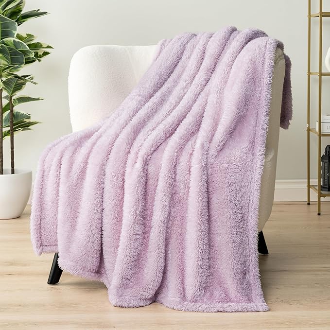 PAVILIA Sherpa Throw Blanket for Couch Sofa, Light Purple Lavender Fluffy Warm Plush Blanket for Twin Bed, Cozy Super Soft Lightweight Throw, Fuzzy Decorative Blanket, All Season Home, 60x80