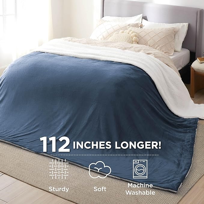 Bedsure Sherpa Fleece Oversized Cal King Blankets for Bed - Thick and Warm, Soft Fuzzy Plush Large Blanket for Winter, Slate Blue, 112x98 Inches