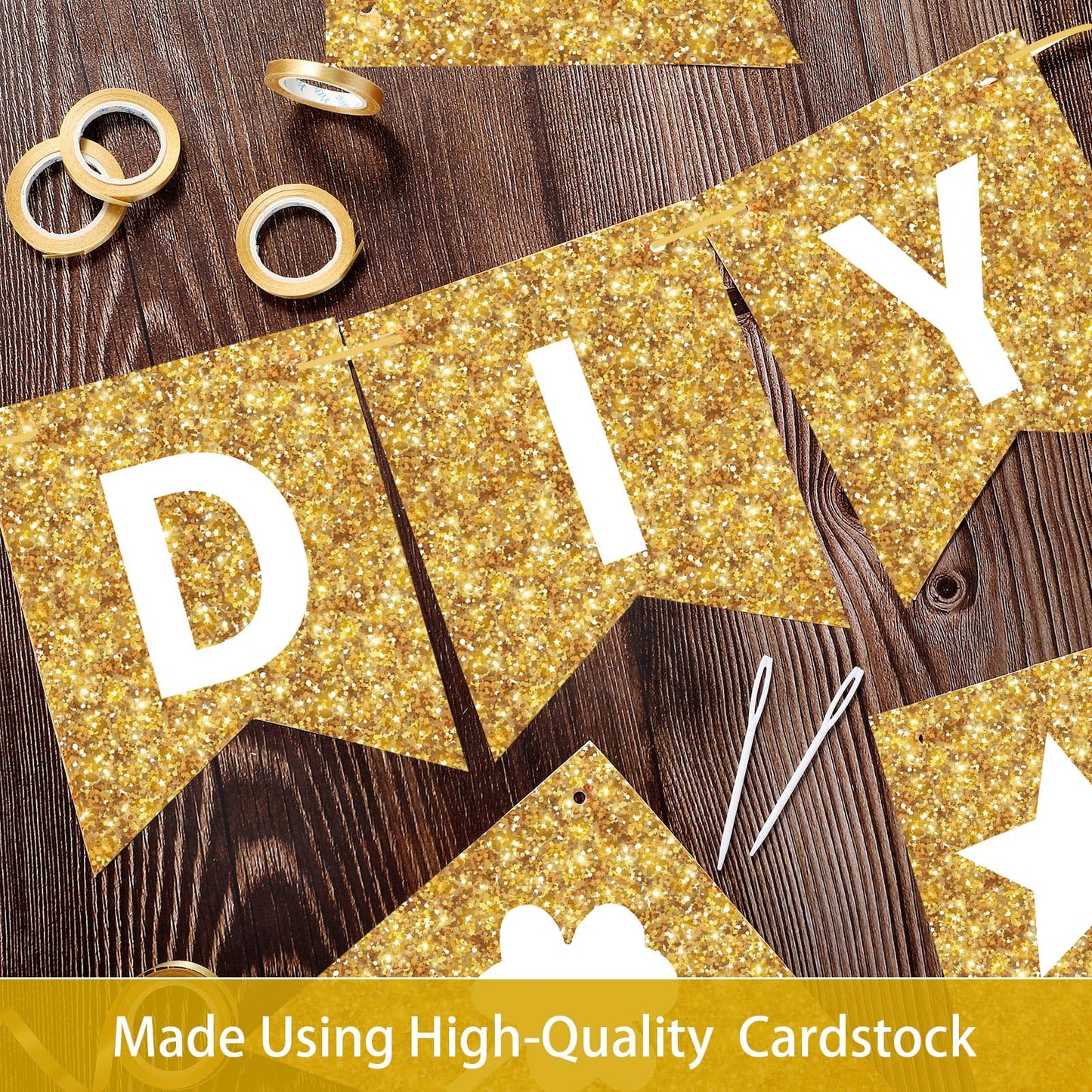 TaoBary 135 Pcs DIY Banner Custom Letters Kit Make Your Own Banner for Birthday Graduation Party Decor Include 107 Letters and Numbers, 16 Symbols, 2 String Lights, 5 Needles, 5 Rope (Gold)