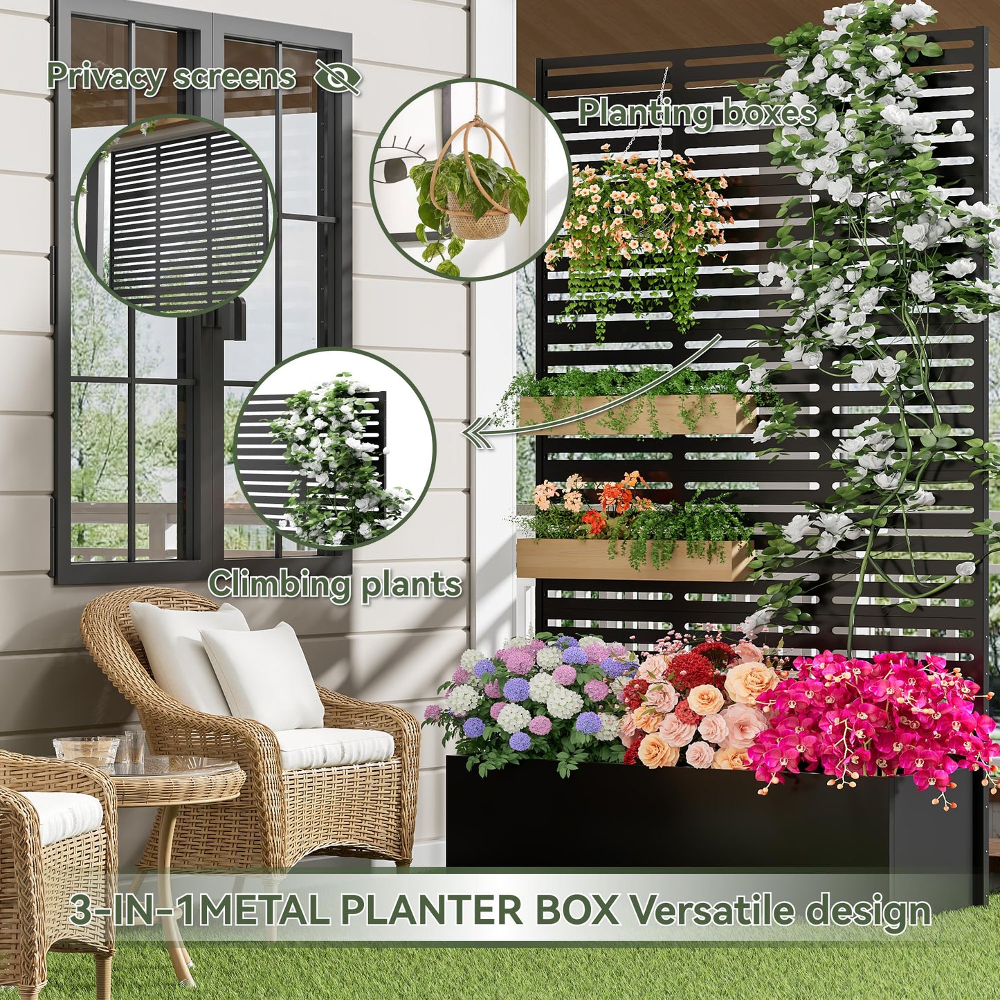 COFaR 71" Tall Metal Planter Box with Trellis & Privacy Screen, Steel Raised Garden Bed with Drainage Holes & Adjustable Feet, Outdoor Planter for Climbing Plants, Patio, Deck, Balcony (Slatted)