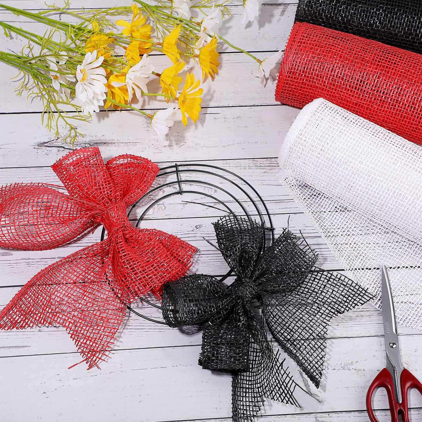Chuangdi 3 Rolls Poly Burlap Deco Mesh 10 Inch Black White Red Deco Poly Decorative Mesh Ribbon Wrapping Ribbon Rolls for Home Door Wreath Decoration DIY Crafts Making