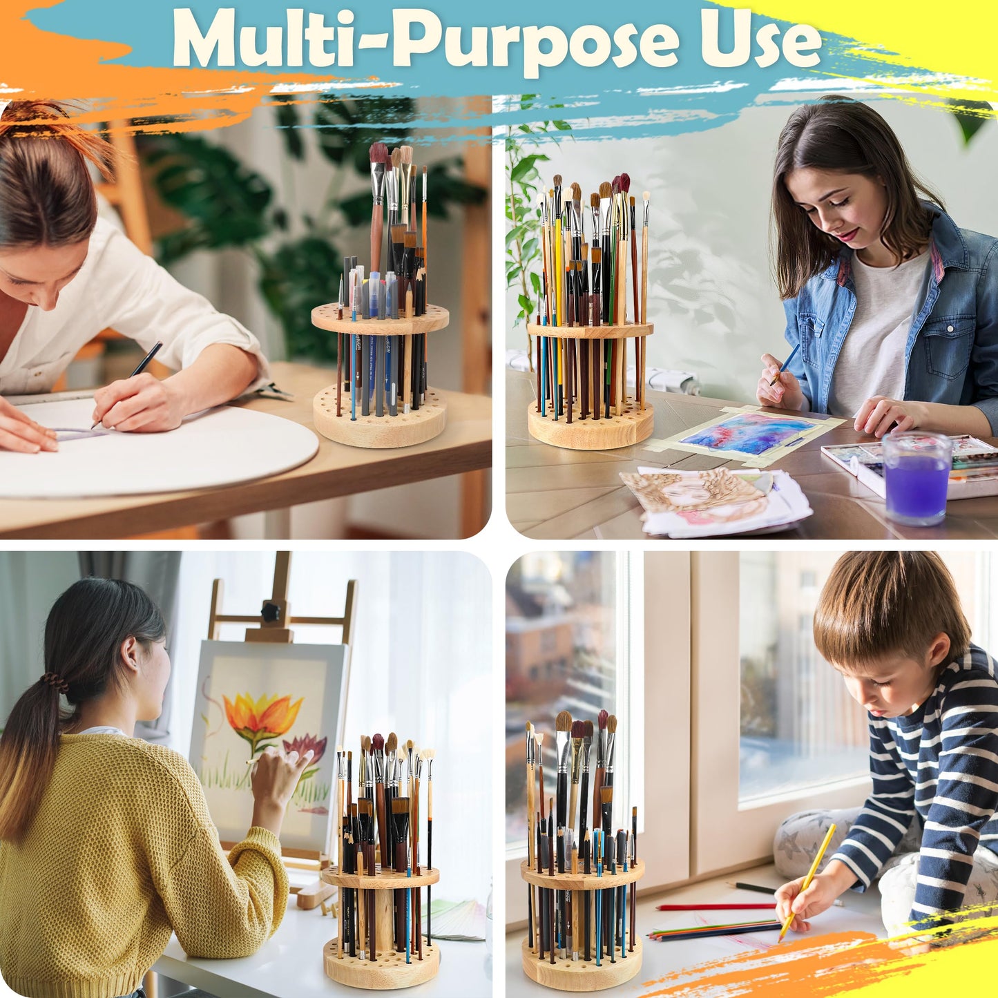 Dlicoda 52 Holes Paint Brush Holder, 360° Rotating Paint Brush Organizer, Hardwood Storage Stand Rack for Artists Brushes, Crafts Tools, Makeup Brush, Calligraphy Pens