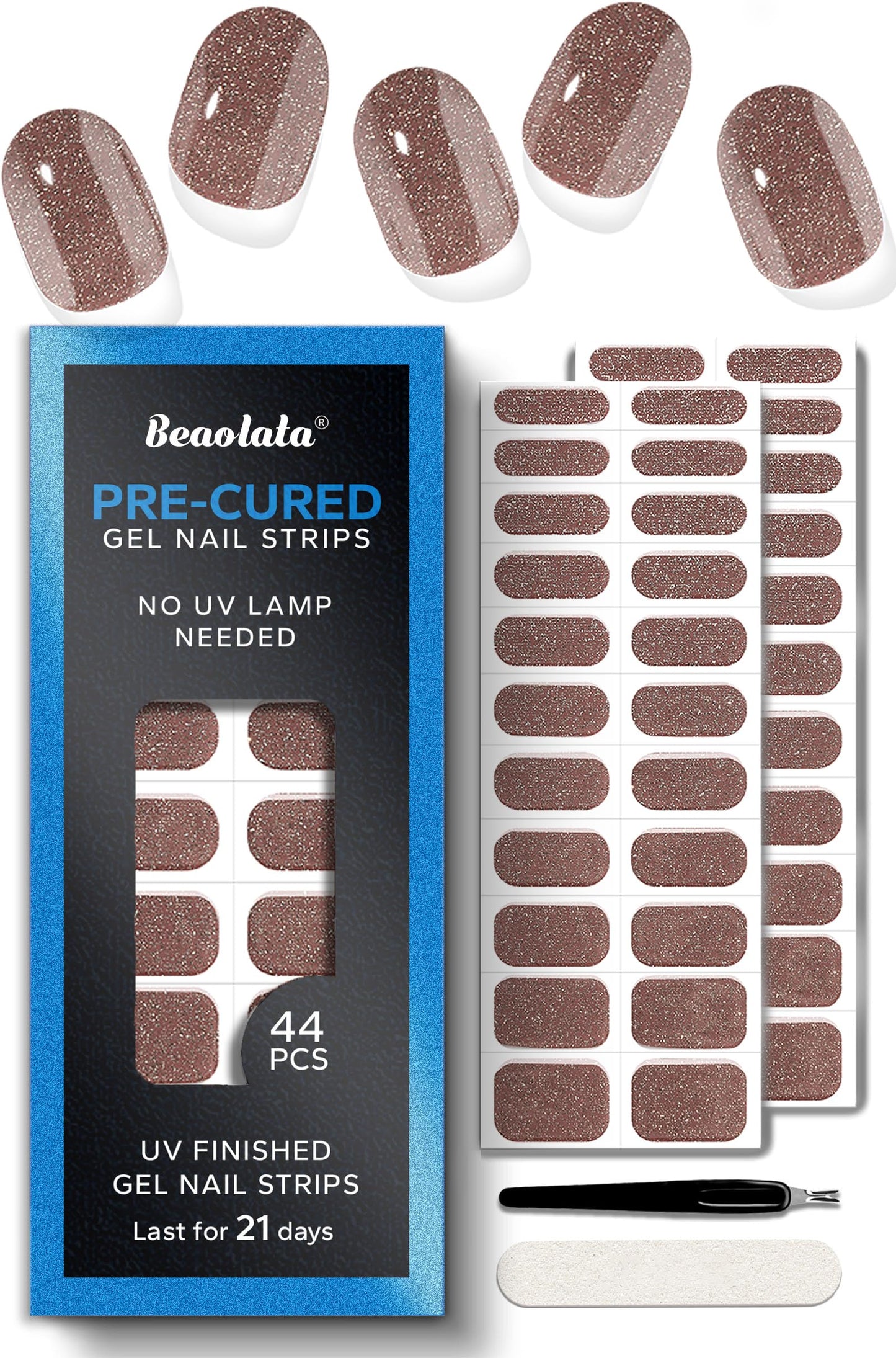 Beaolata Real Gel Nail Strips (No UV Light Needed) - 44Pcs Salon Quality Nail Stickers - Long Lasting Polish Wraps for Women, Easy Apply & Remove (Liquid Shimmer Gold)