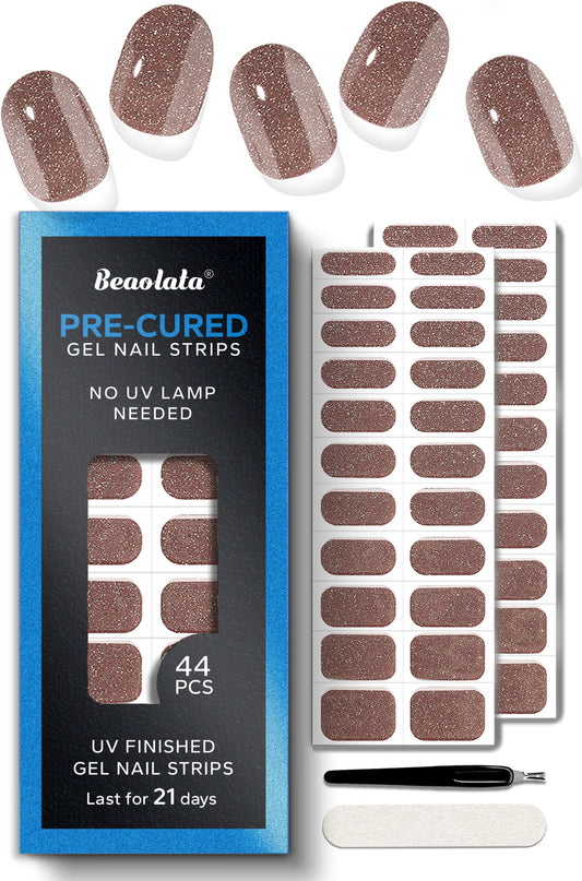 Beaolata Real Gel Nail Strips (No UV Light Needed) - 44Pcs Salon Quality Nail Stickers - Long Lasting Polish Wraps for Women, Easy Apply & Remove (Liquid Shimmer Gold)