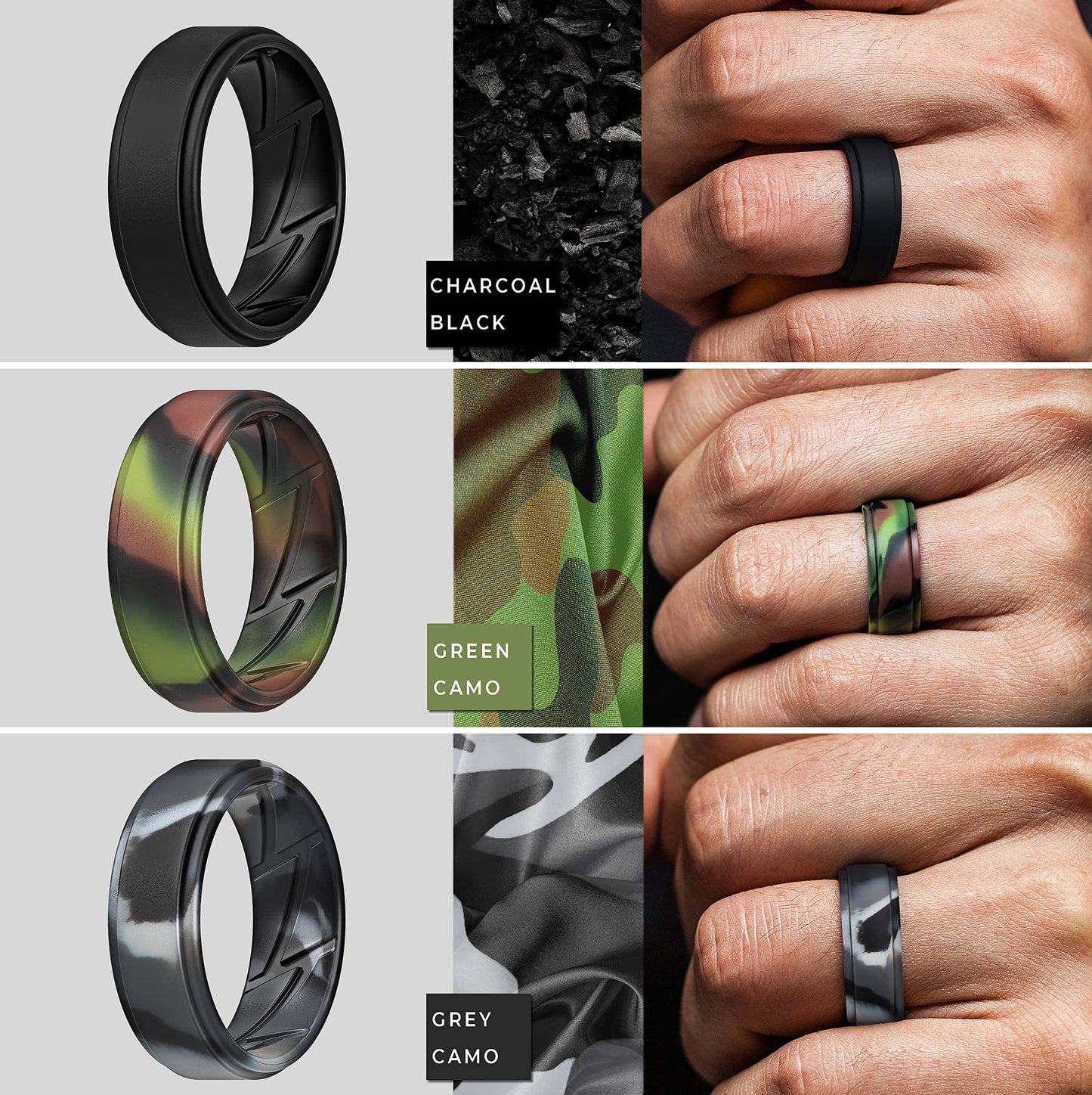 ThunderFit Silicone Wedding Rings for Men Breathable Airflow Inner Grooves, Step Edge Sleek Design Rubber Engagement Bands 8mm Wide 2mm Thick, Variety Multipack 1-7