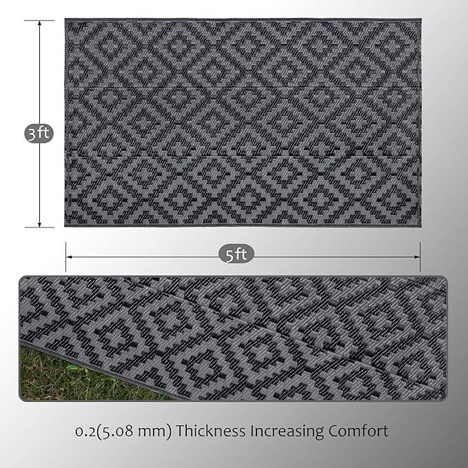 SAND MINE Waterproof Outdoor Rug 8x8 ft, Plastic Reversible Rug, Modern Area Rug, Large Floor Mat for Outdoors, RV, Patio, Backyard, Deck, Picnic, Beach, Camping (3' x 5', Black Grey Lattice)