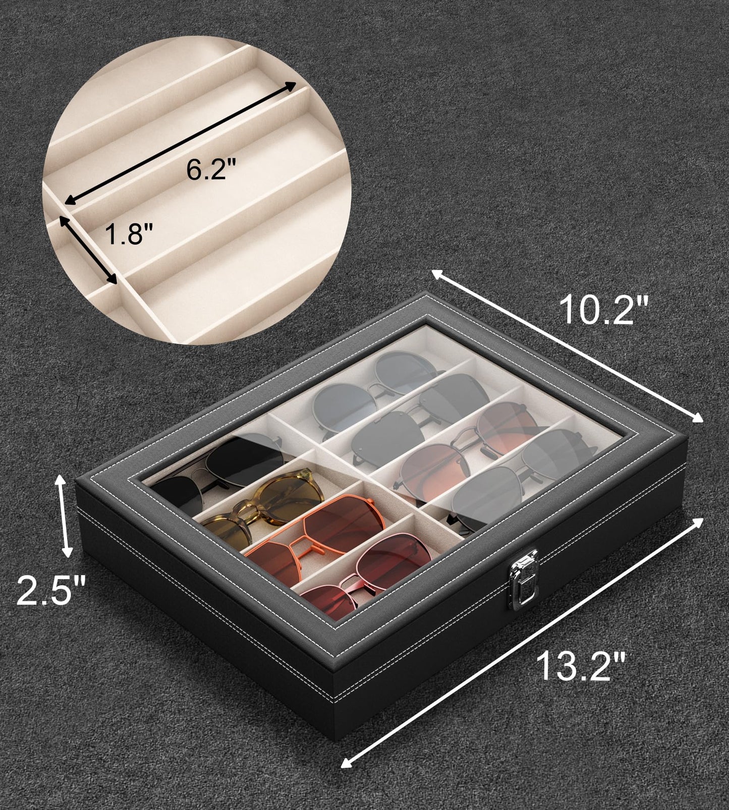 NEWLOOP Sunglass Organizer for Women Men - Multiple Pair of Sunglasses Storage Box Eye Glass Watch Leather Display Case with 10 Slots Black
