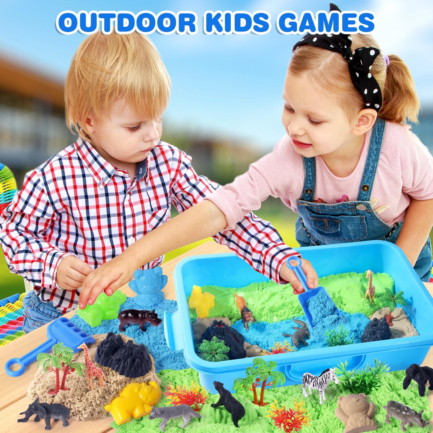 Billeeit Animal Sensory Bin Sand Toy, Play Sand Kit w/lid and 2.2lbs Moldable Sensory Sand, Molds, Tools, Map Set 35pcs Total, Fun Gifts for Kids 3+