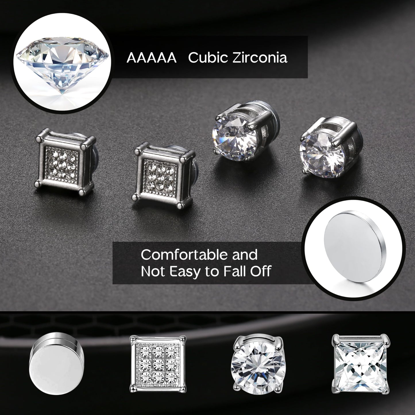 Jstyle 4 Pairs Stainless Steel Magnetic Stud Earrings for Men Women Silver Tone CZ Non-Piercing Clip On Stud Earrings Set 6-8MM
