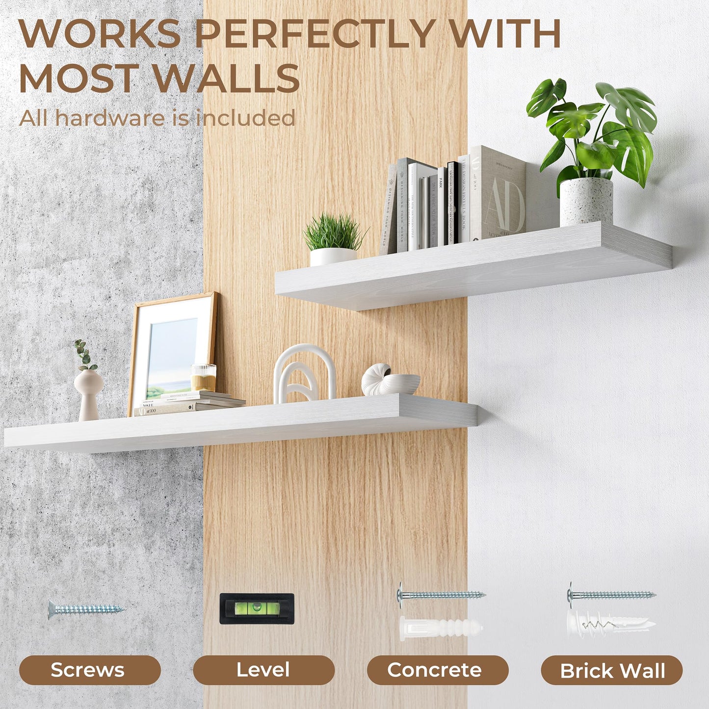 RICHFOCUS Deep Floating Shelves for Wall 2 Pack 12" D 24 Inch Wall Shelves for Room Wall|Wood Hanging Shelf with Invisible Brackets for Bathroom Bedroom Kitchen Laundry Room, White