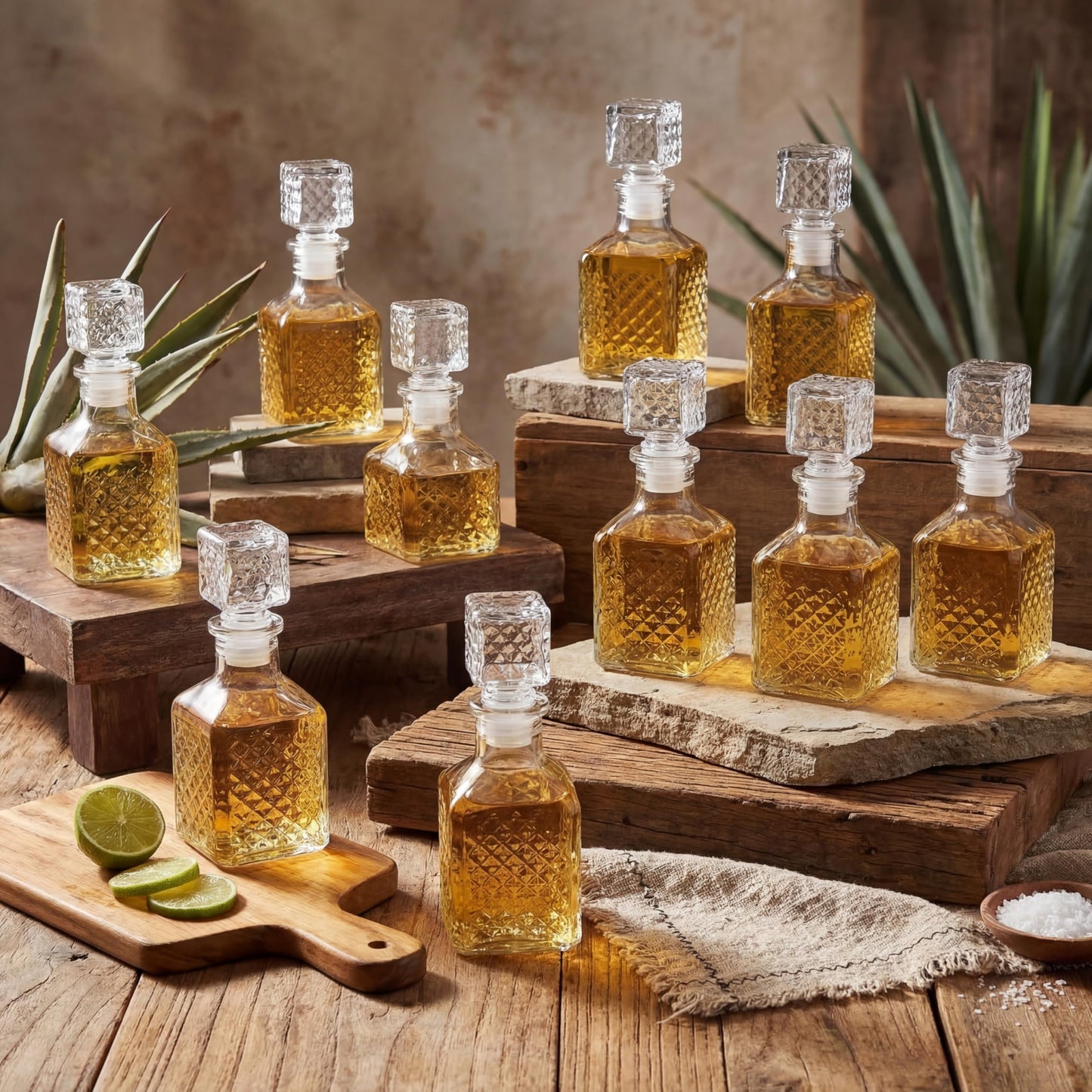 Chuangdi 24 Pcs Mini Glass Wine Bottles 1.7oz Glass Tequila Bottles with Stopper Decorative Tequila Bottle for Whiskey Vanilla Extract Champagne Wedding Baby Shower Party Favors(Square Style)