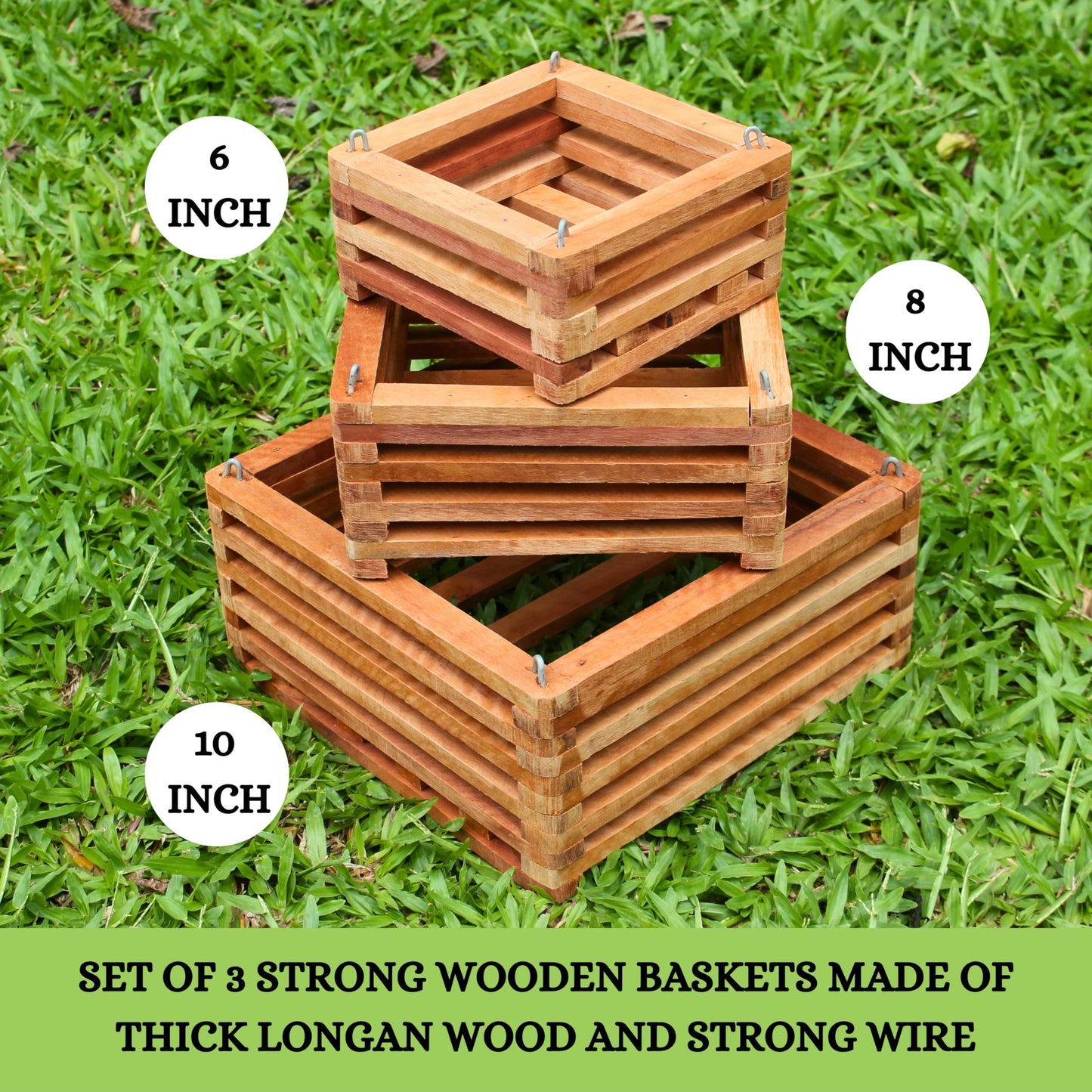 DESQUIGGLE Set of 3 Strong Wooden Orchid Baskets with Hangers, Vanda Baskets for Outside