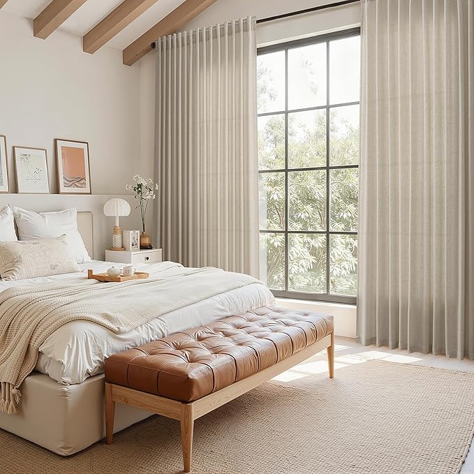 Nanspring Modern Farmhouse Linen Curtains 96 Inches Long for Living Room Cobblestone Light Filtering Semi Sheer Curtain Back Tab and Rod Pocket Coastal Decor Drapes for Bedroom 52x96, 2 Panels